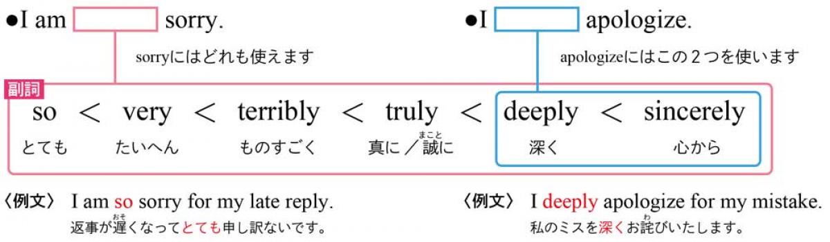 〈例文〉　I am so sorry for my late reply.  返事が遅くなってとても申し訳ないです。I deeply apologize for my mistake.私のミスを深くお詫びいたします。